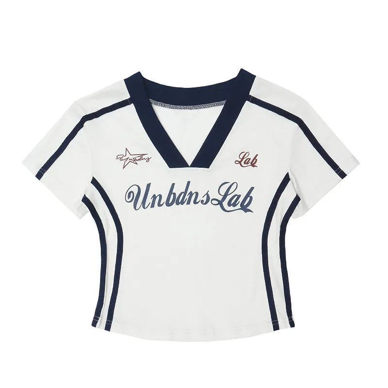 Striped Letter Print V-Neck Crop Top