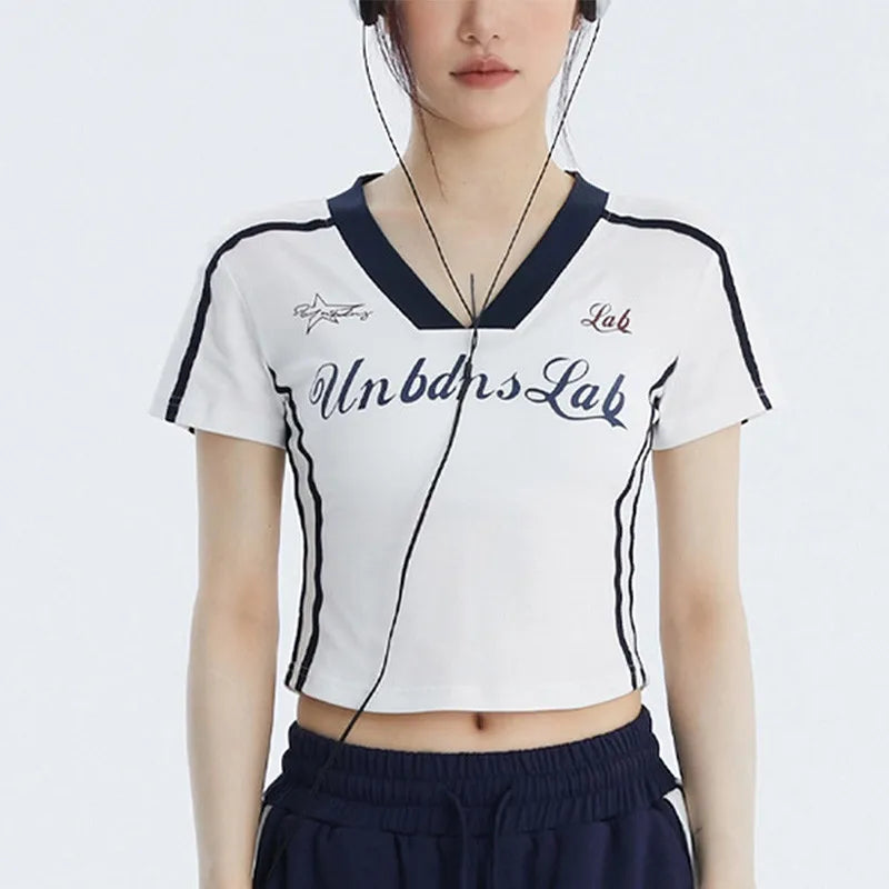 Striped Letter Print V-Neck Crop Top