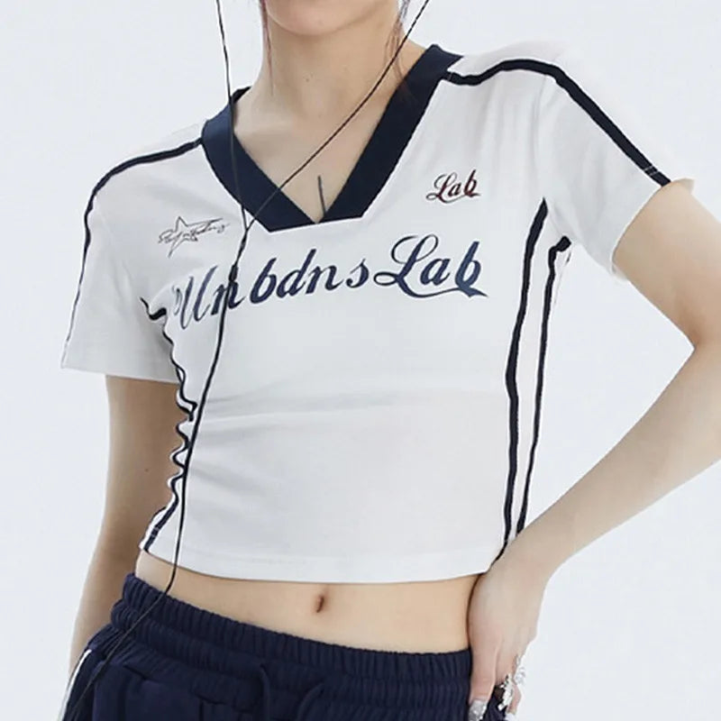 Striped Letter Print V-Neck Crop Top