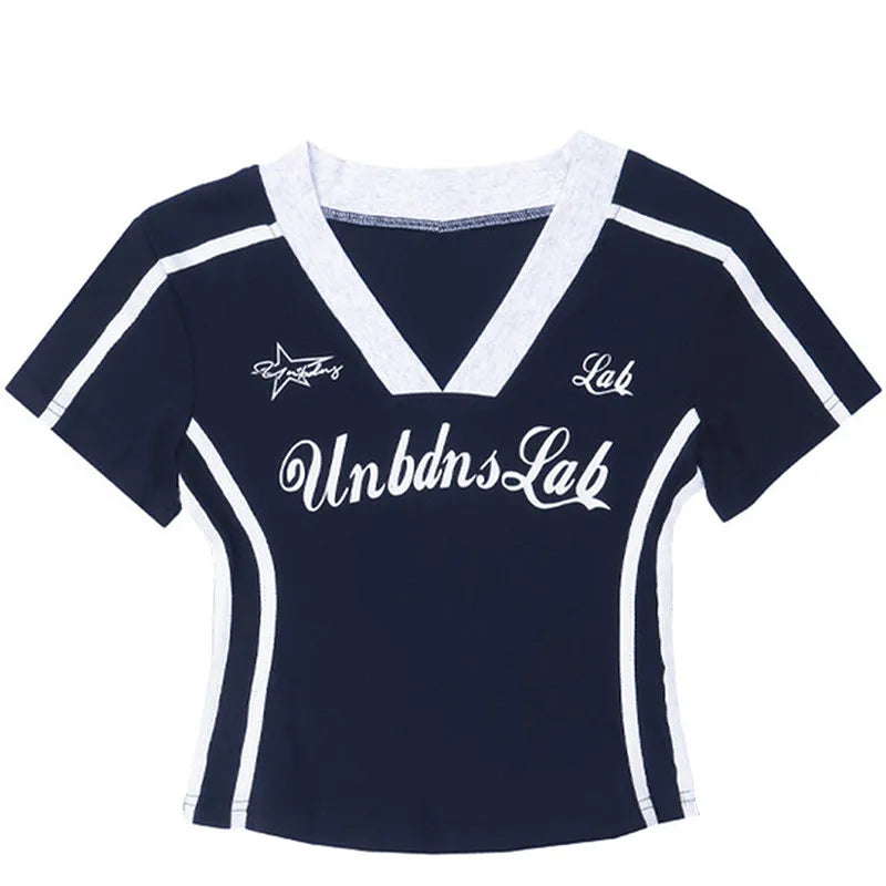 Striped Letter Print V-Neck Crop Top