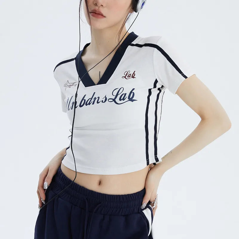 Striped Letter Print V-Neck Crop Top